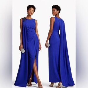 NWT $895 Marchesa Notte Draped Crepe Gown Blue Size 4 Floral Appliqué